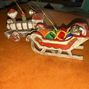 VINTAGE ENESCO WOOD Train & SANTA'S SLEIGH CHRISTMAS ORNAMENT